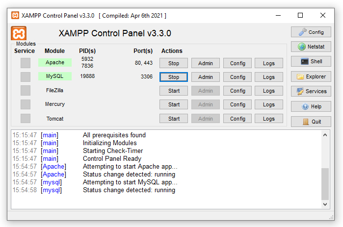 XAMPP Control Panel with active modules Apache and MySQL