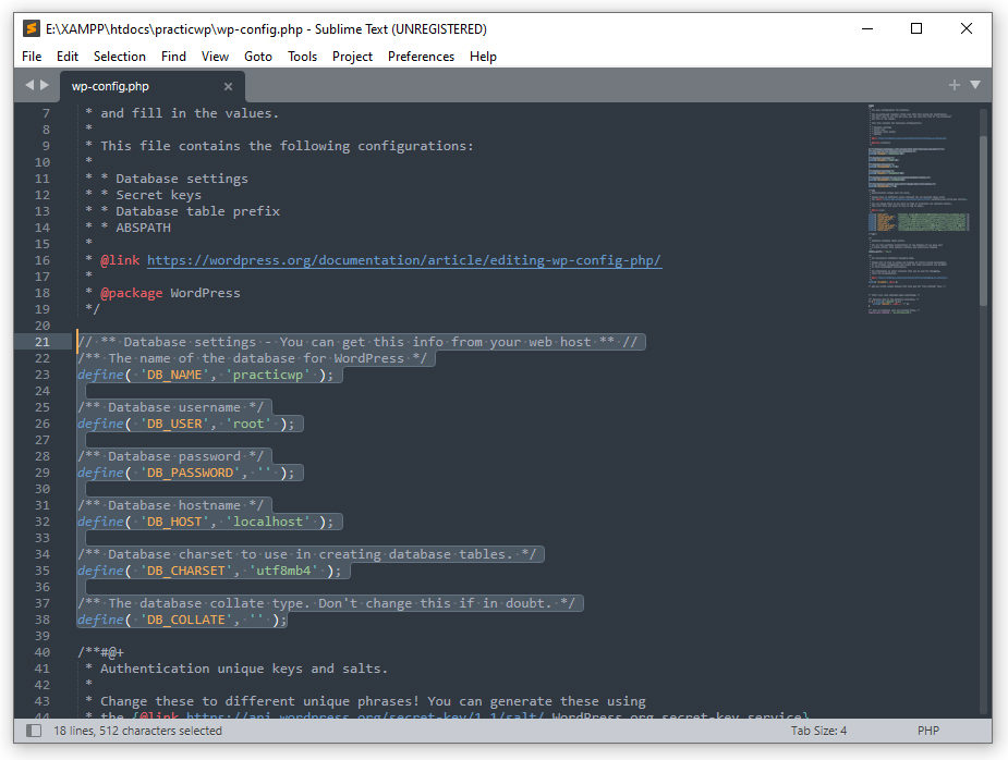 wp-config file visualized via Sublime Text code editor