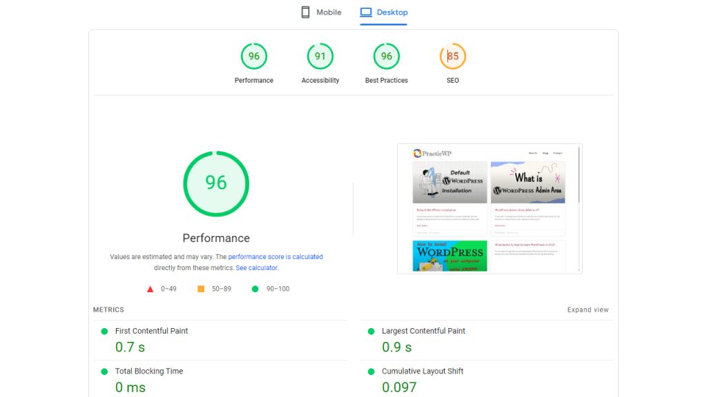 Pingdom test result